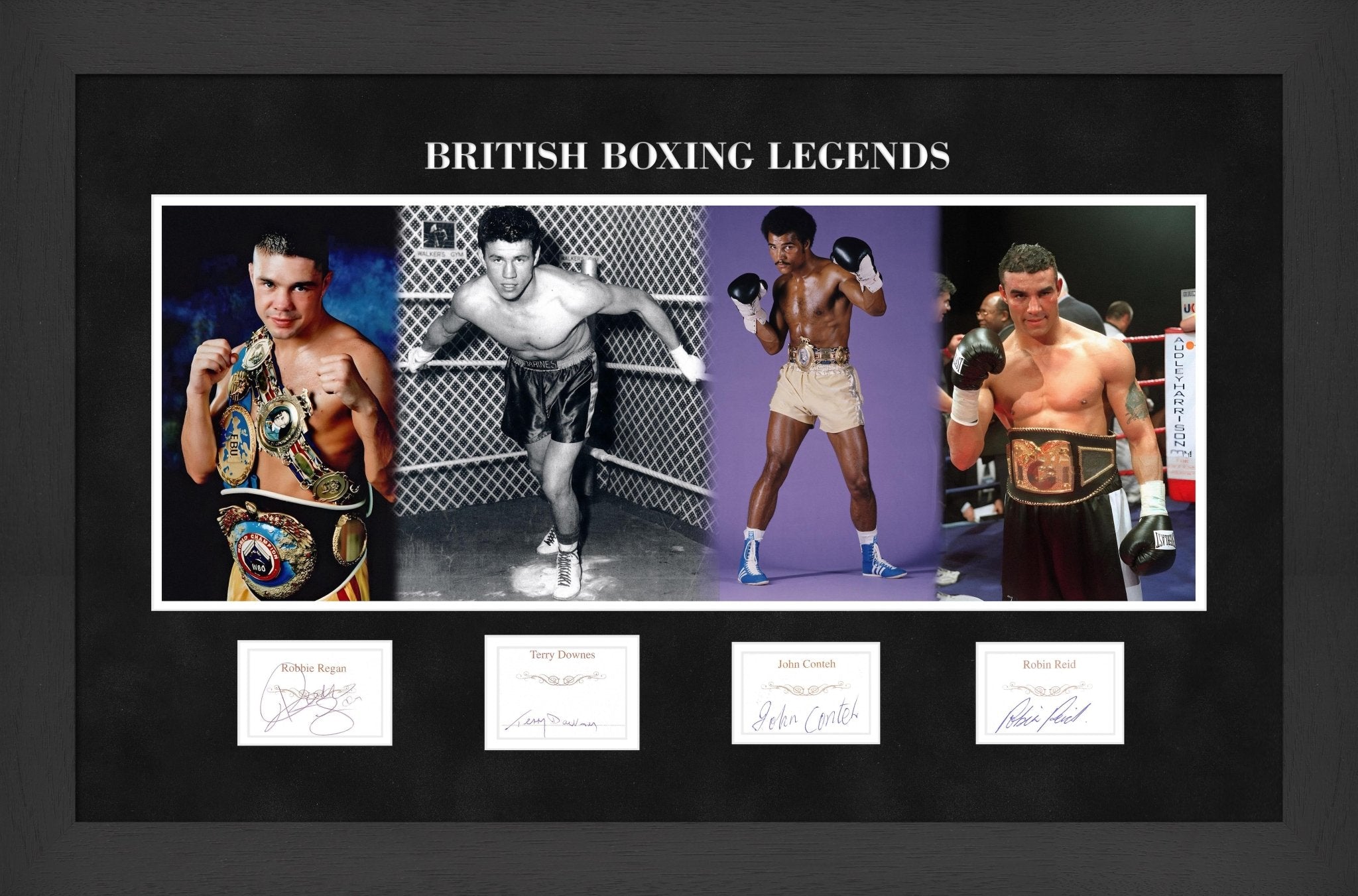 Boxing legends signed by 4 - Robbie Regan, Terry Downes, John Conteh, Robin Reid Framed Display - Memorabilia Framers Shop